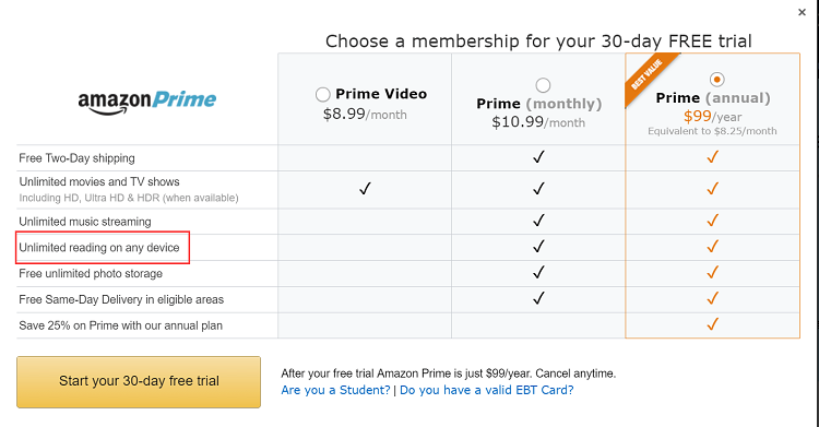 Elija una membresía de Amazon Prime