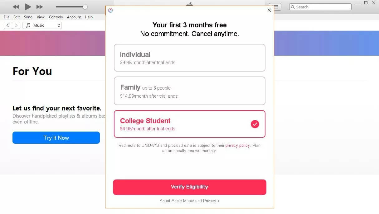 Sign up for Apple Music Free Trial for Student