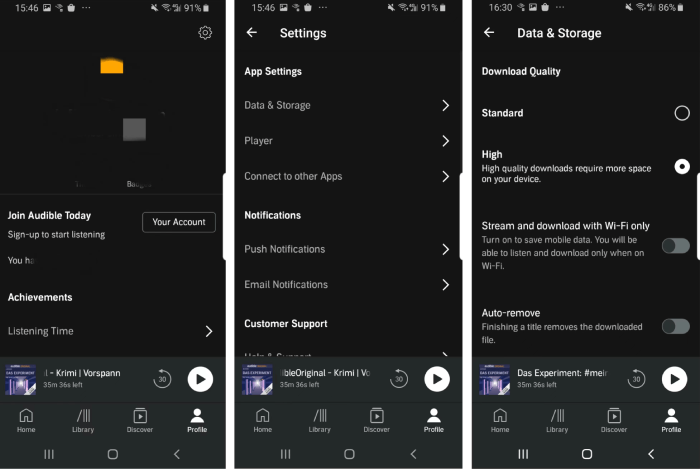 Change Audible Download Settings on Android