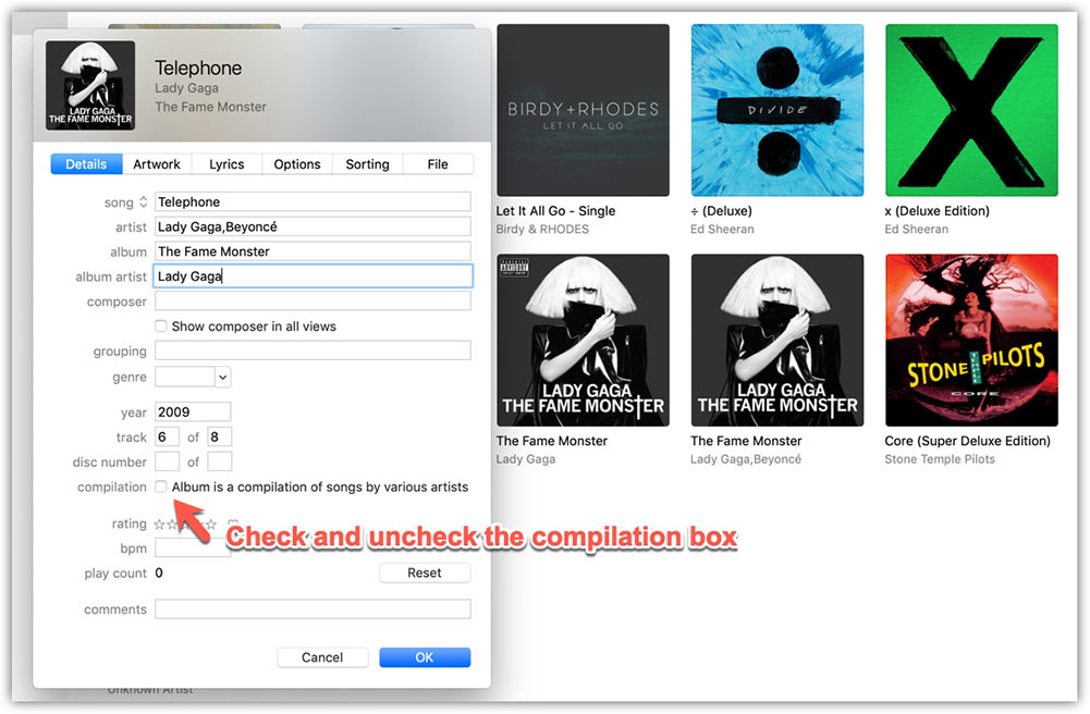 Marque y desmarque Comilation Box en iTunes