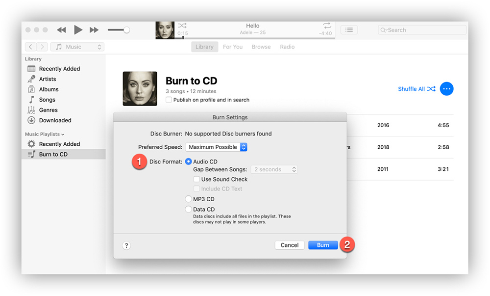 Grabación de música de Apple en disco MP3
