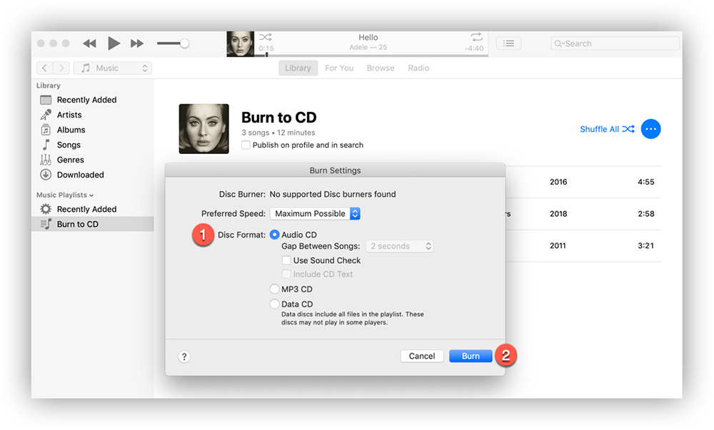 itunes burn music to cd