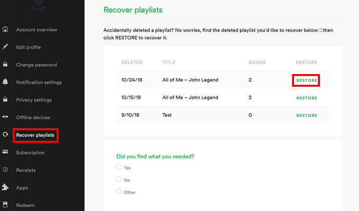 Click Restore to Recover Spotify Playlist