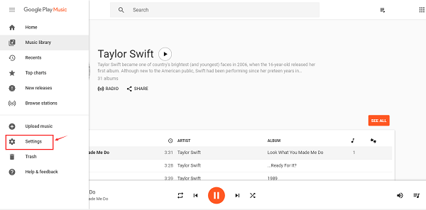 Click Settings on Google Play Music
