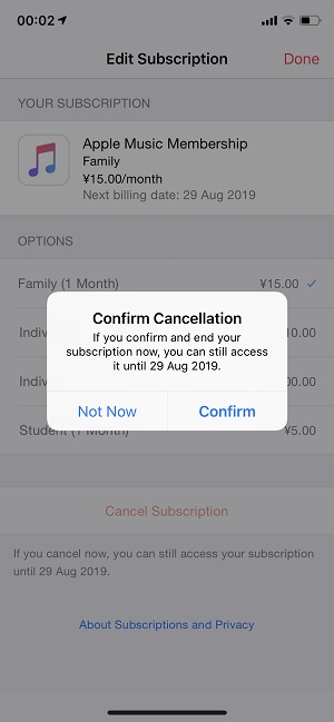 Confirm Apple Music Cancellation