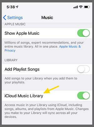 Toggle the iCloud Music Library