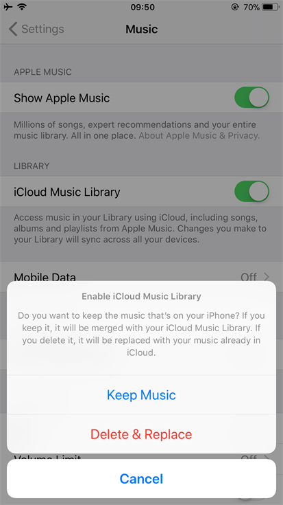 Enable iCloud Music Library