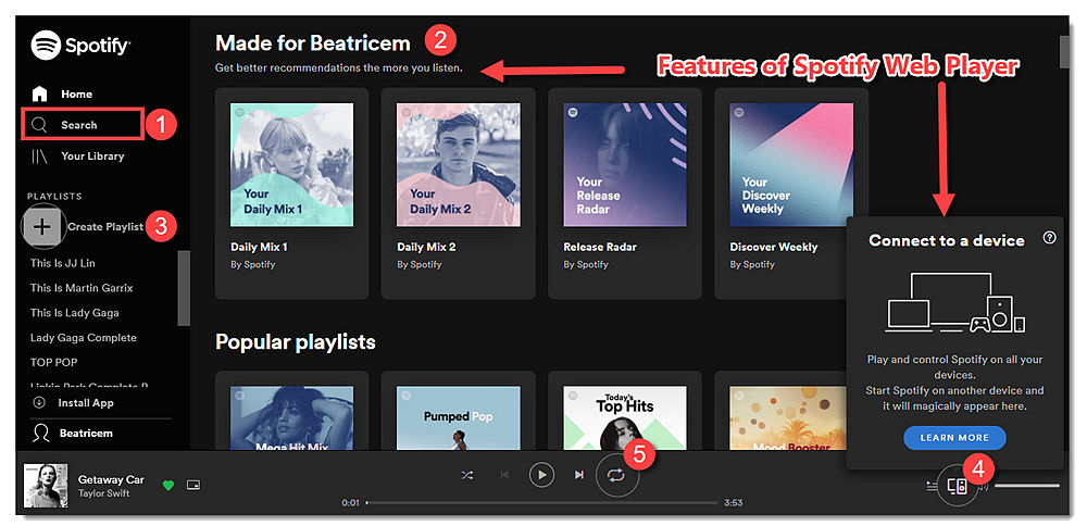 Features of Spotify Web Player