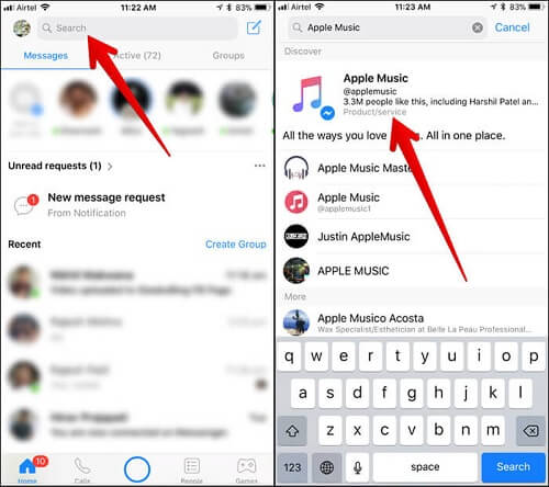 Encuentra Apple Music en Messenger en iPhone