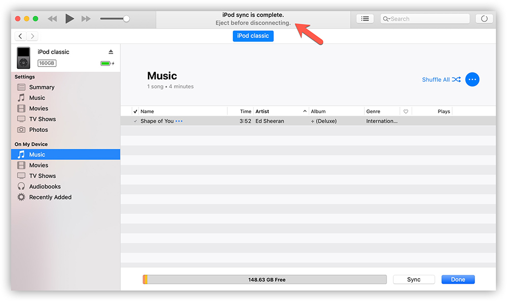 Finito di sincronizzare Apple Music con iPod classic