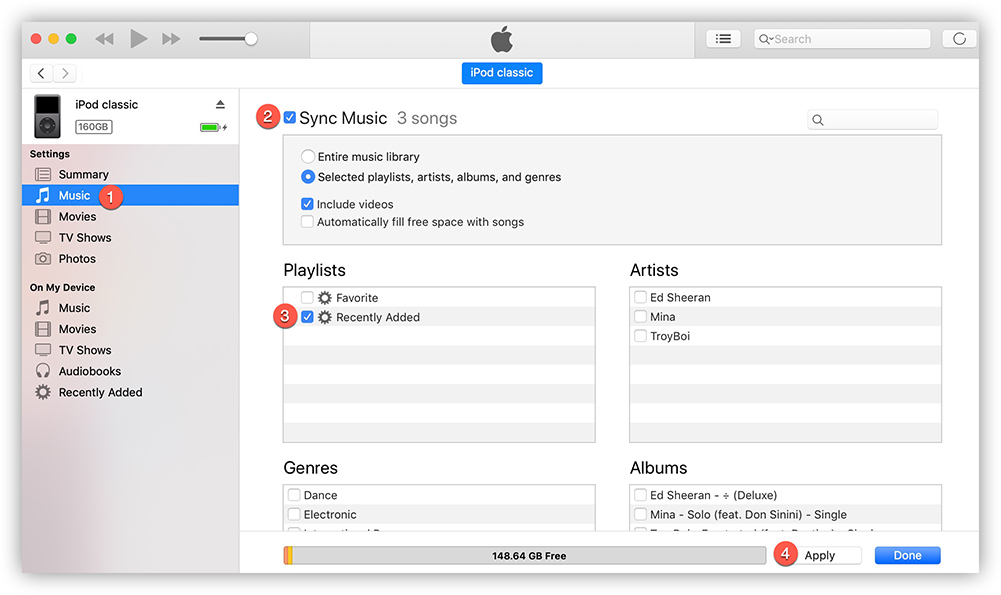 Sincronizza Apple Music selezionata su iPod Classic