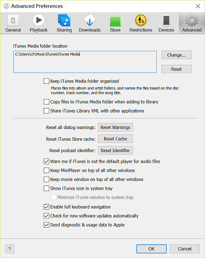iTunes Advanced Preferences on Windows