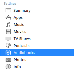 Seleccione audiolibros de la barra lateral de iTunes