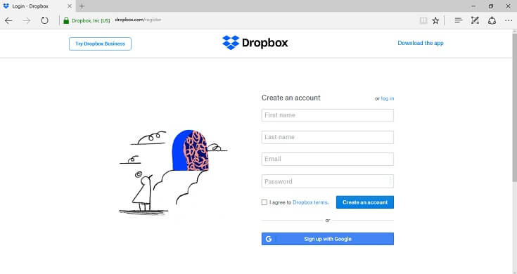 Iniciar sesión Sitio web de Dropbox