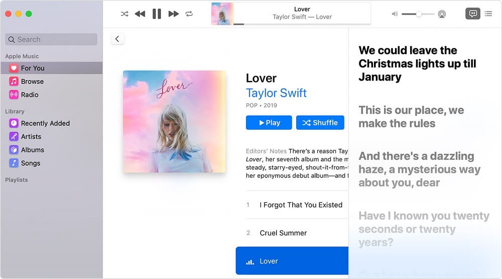 Interfaz de letras de Apple Music