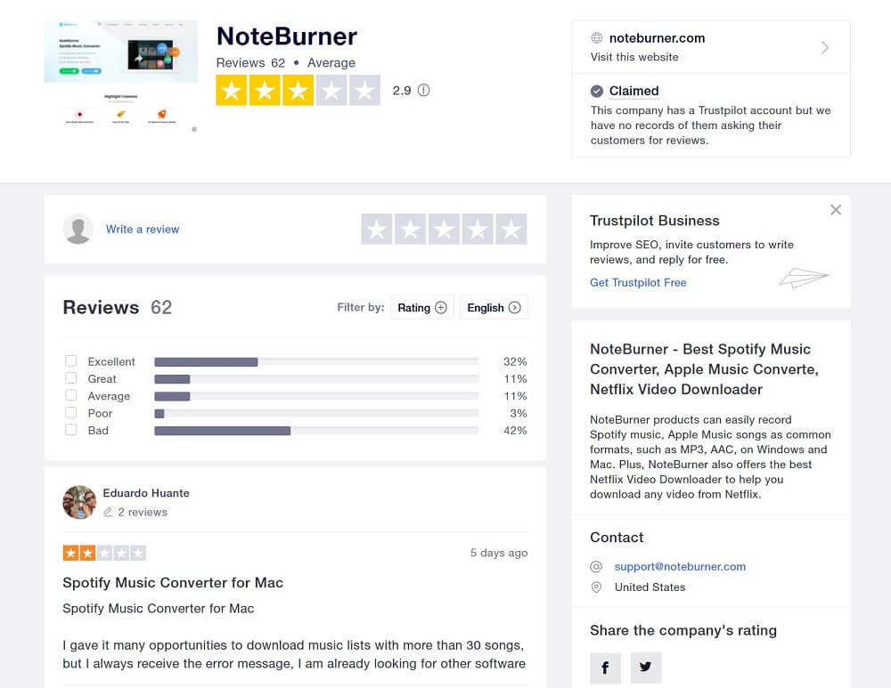 NoteBurner Trustpilot 