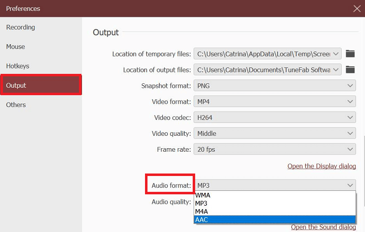 Select Output Format in Settings