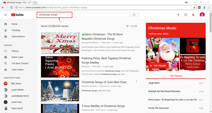 Searching Christmas Songs on YouTube