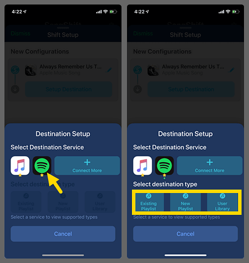Select Spotify as Destination in SongShift