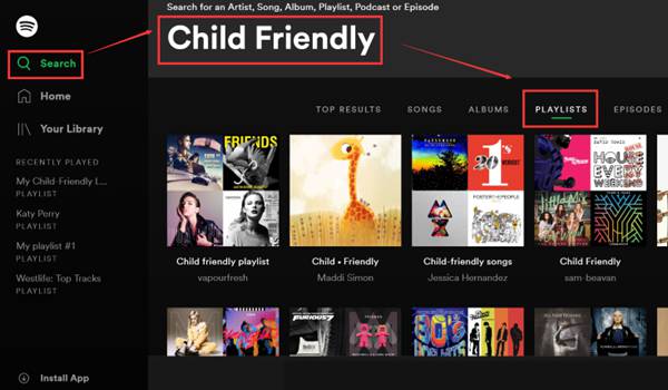 Spotify Search Child Friendly Playlist