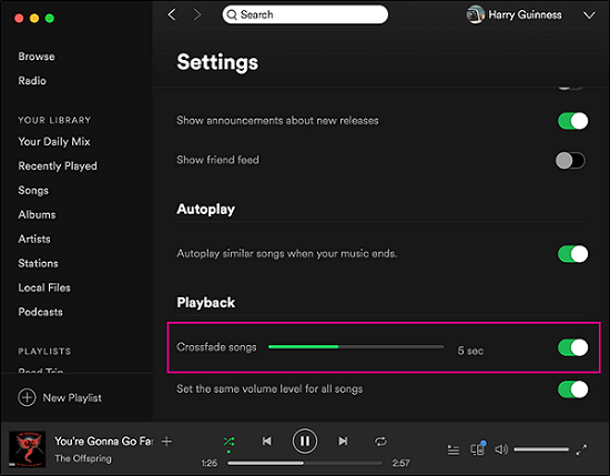 Turn on Spotify Crossfade on Desktop