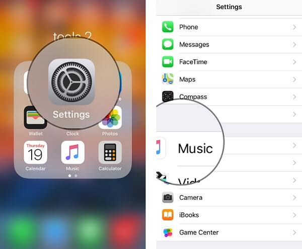Toca Música en la configuración de iPhone