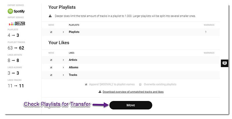 Transfer Spotify to Deezer on Mooval