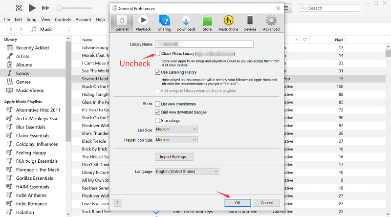 Uncheck iCloud Music Library