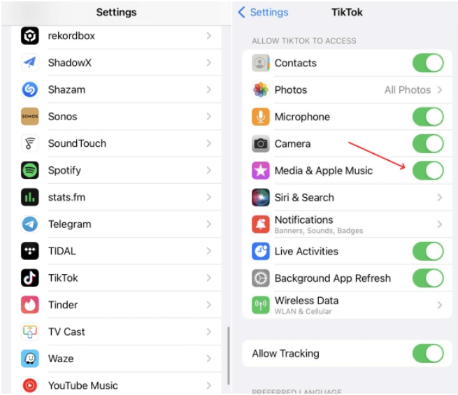 Add Apple Music to TikTok via Settings