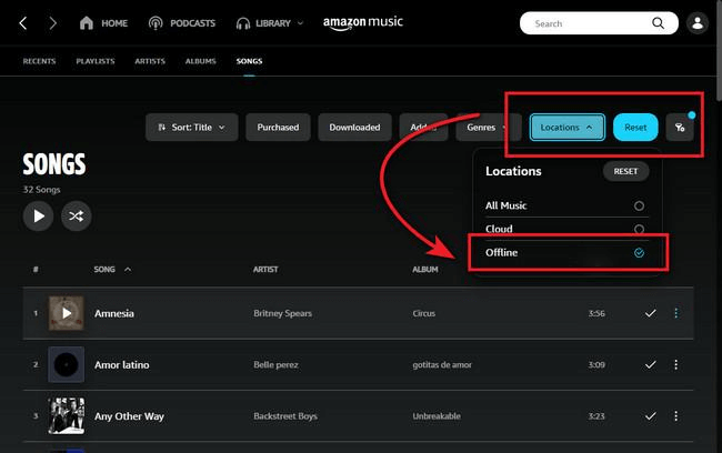 Filter Offline Music Files on Amazon Music App