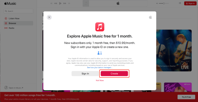 Create New Account on Apple Music Web