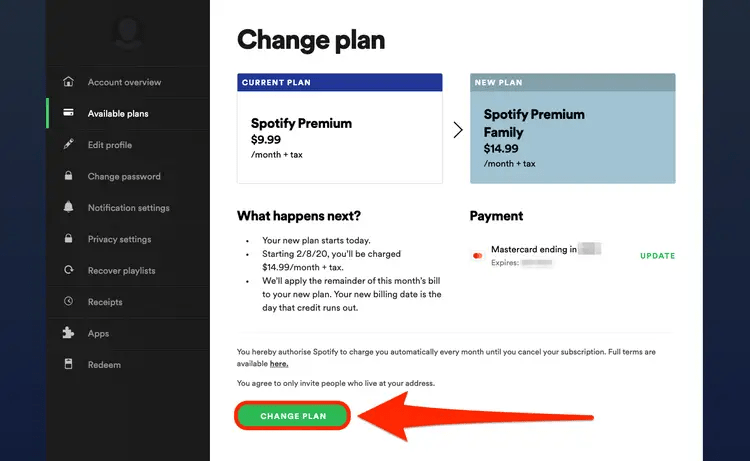 Change to Spotify Family
