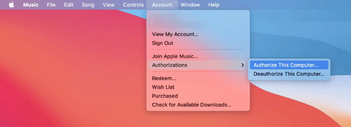 Choose Authorize This Computer on Apple Music