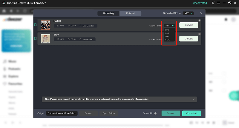 Choose Output Format Deezer