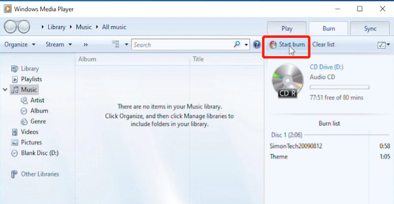 Burn Apple Music to CD in Windows Media Player