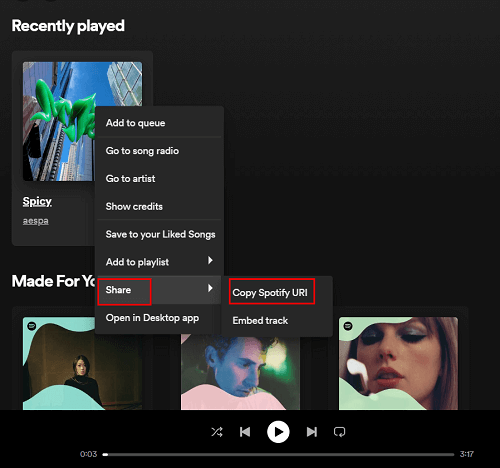 Copie la URL de la música de Spotify