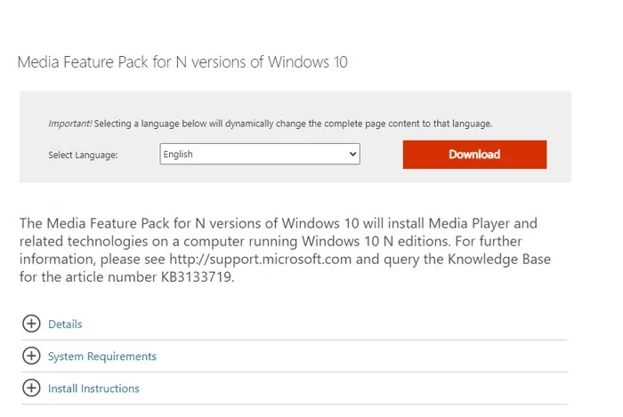 Install Media Feature Pack for N editions of Windows 10