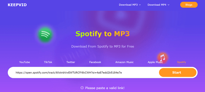 Converti Spotify in MP3 su KeepVid