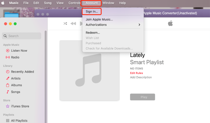 Log into Apple Music on the Desktop