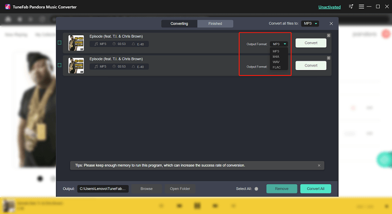 Select Output Format Pandora