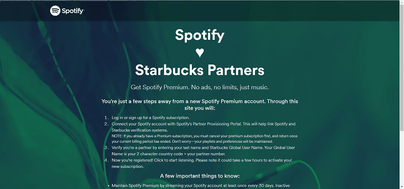 Starbucks-Spotify 프리미엄 무료 제공 페이지