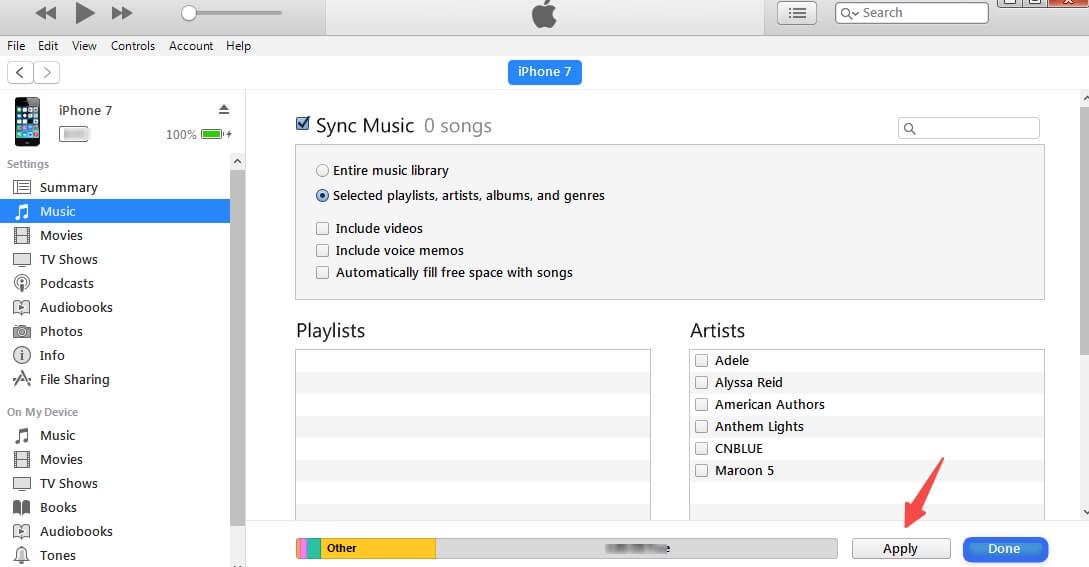 Interface for Sync Music on iTunes