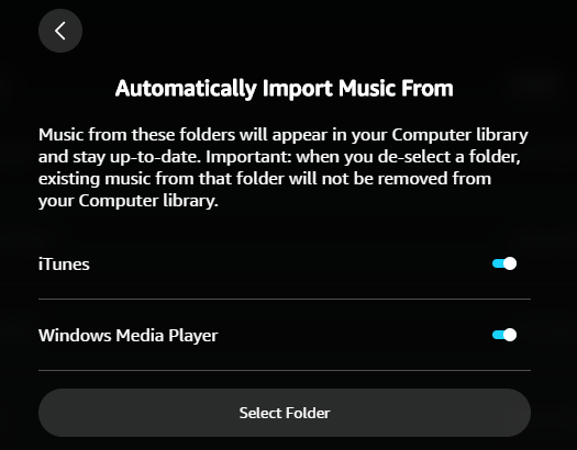 Select Folders to Import Files on Amazon Music App