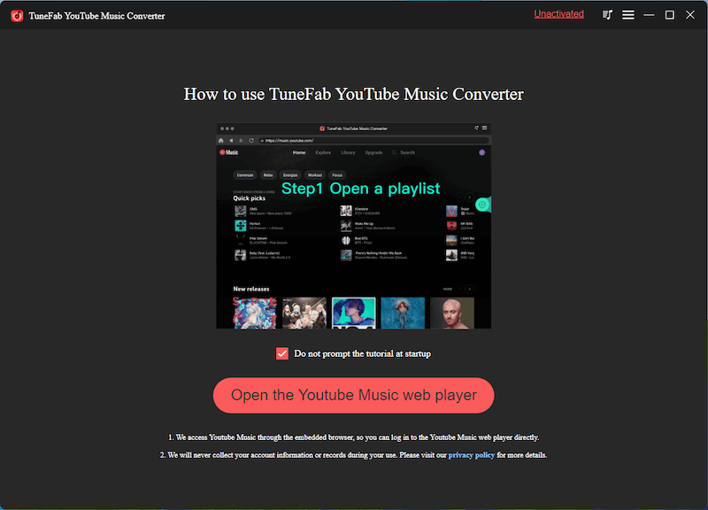 Open YouTube Music Web Player in Welcome Page